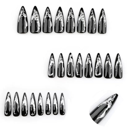 Dark Goth Girly Long Stiletto Silver Foil Press-On Nails
