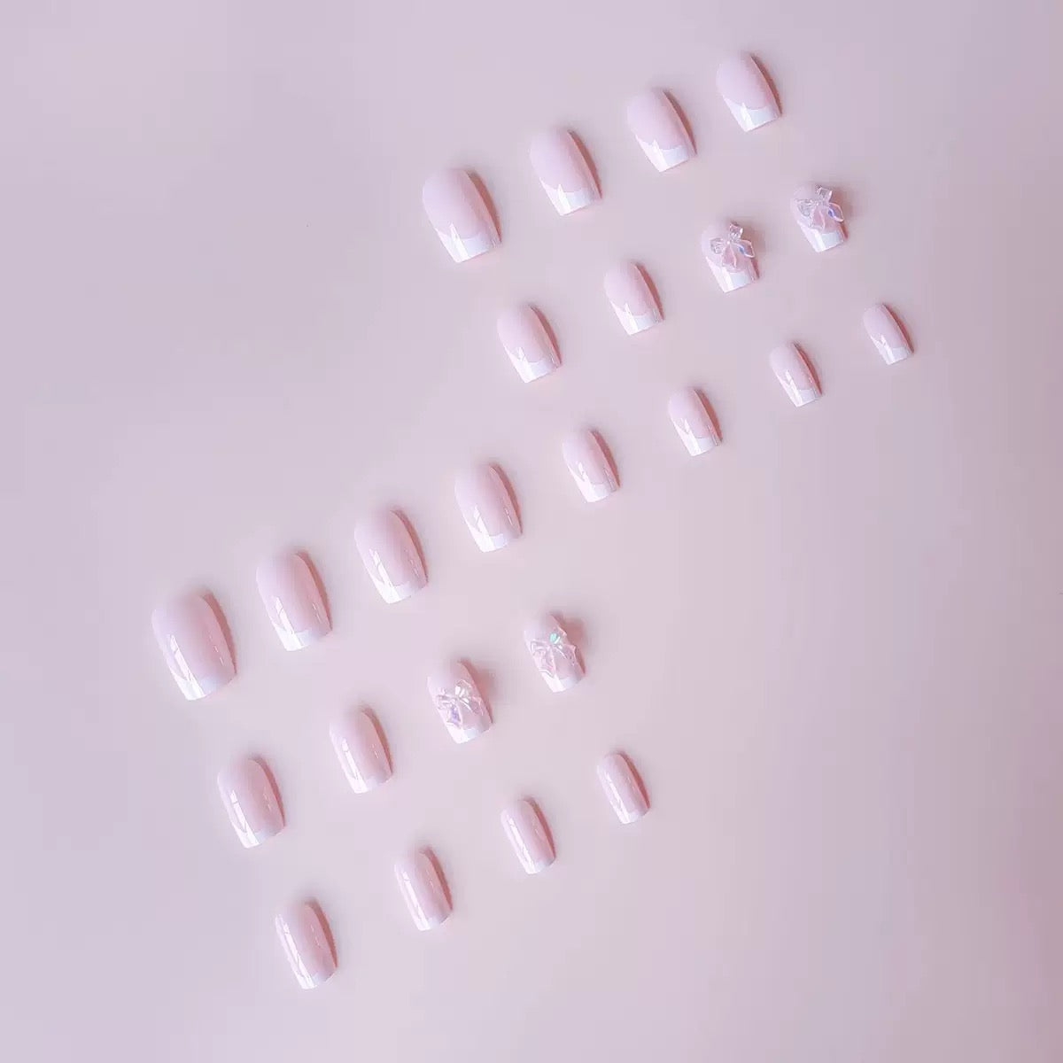 White French Press-On Nails with Pure, Icy-Transparent Look and Light Pink Bow — Square Shape Press-On Nail Set