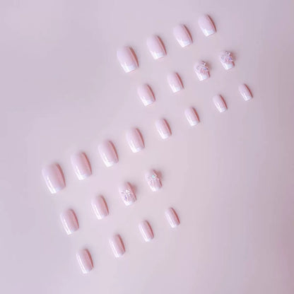 White French Press-On Nails with Pure, Icy-Transparent Look and Light Pink Bow — Square Shape Press-On Nail Set