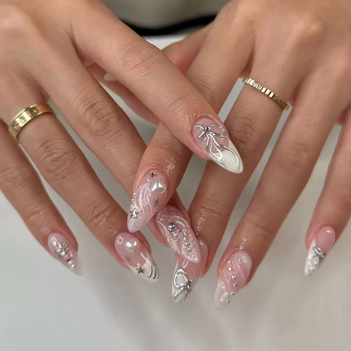 Sweet & Cool Girly 3D French Heart Bow Almond Press-On Nails