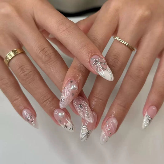 Sweet & Cool Girly 3D French Heart Bow Almond Press-On Nails