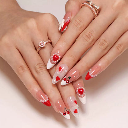 Valentine’s Day Sweet French Red-Edged Nail Tips with Rhinestone 3D Bow, Cherry, Pearl & Heart, Press-On Nails