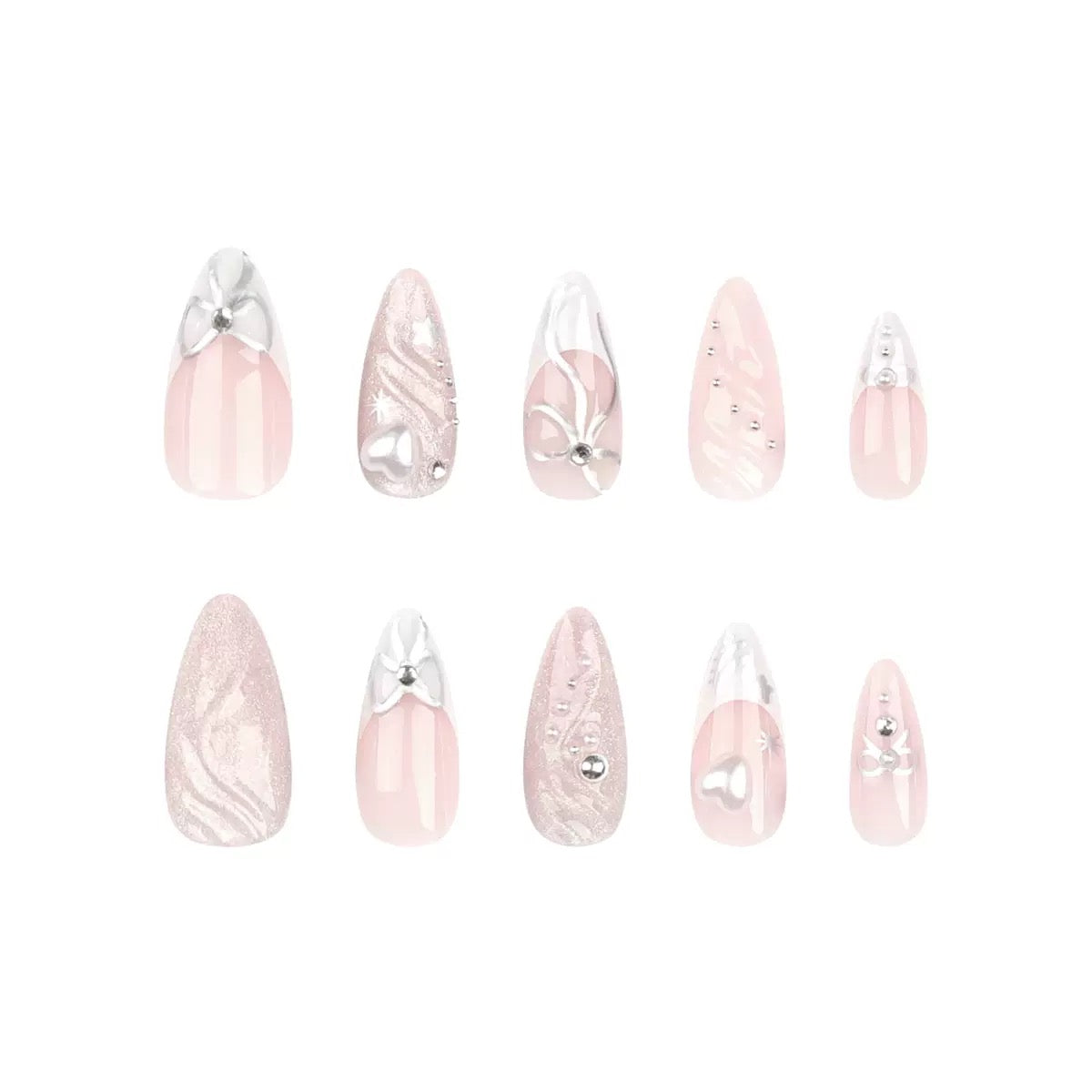 Sweet & Cool Girly 3D French Heart Bow Almond Press-On Nails