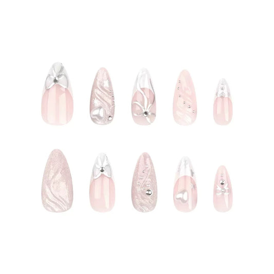 Sweet & Cool Girly 3D French Heart Bow Almond Press-On Nails