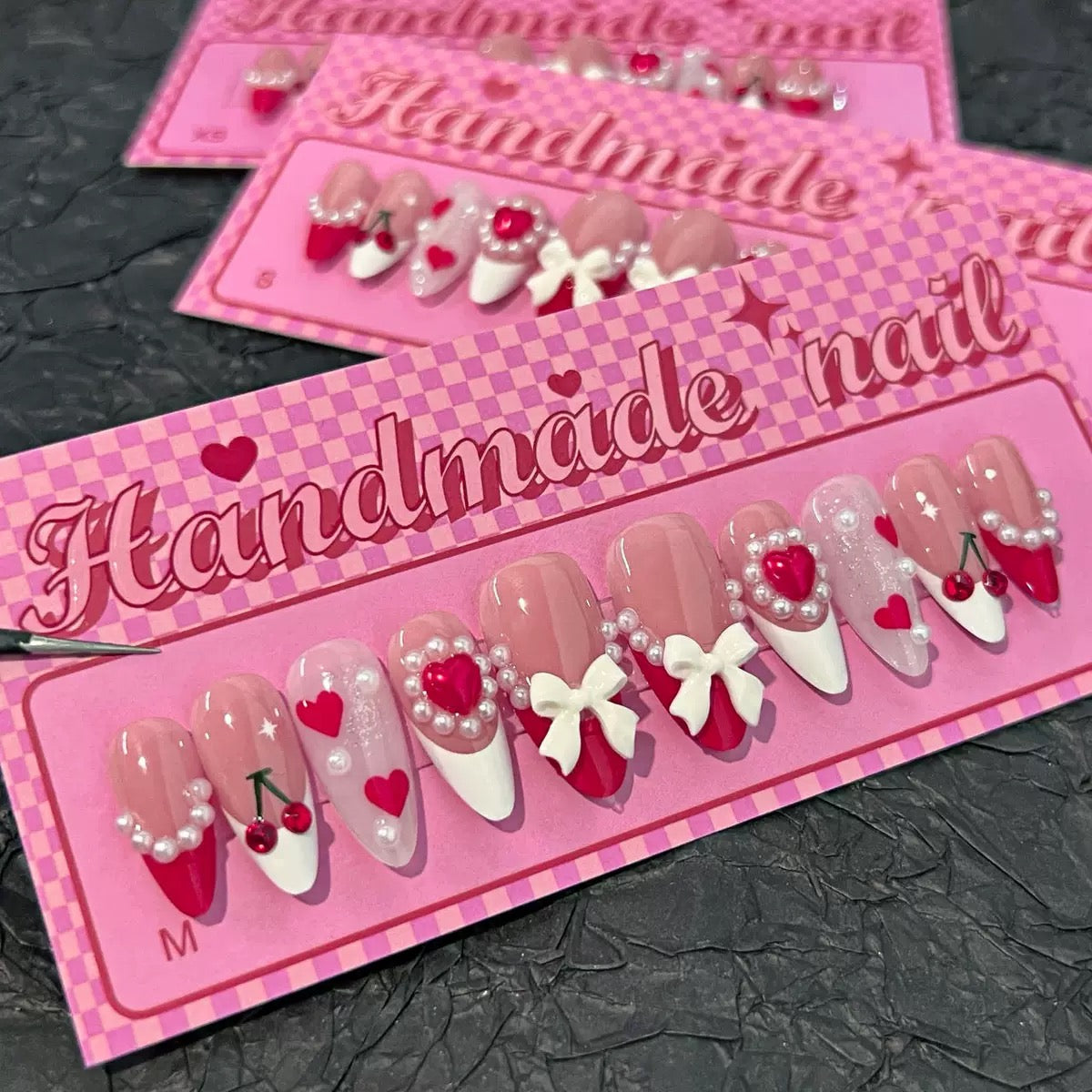 Valentine’s Day Sweet French Red-Edged Nail Tips with Rhinestone 3D Bow, Cherry, Pearl & Heart, Press-On Nails