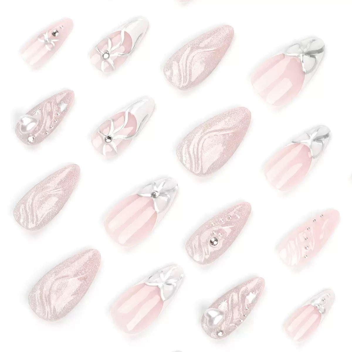Sweet & Cool Girly 3D French Heart Bow Almond Press-On Nails