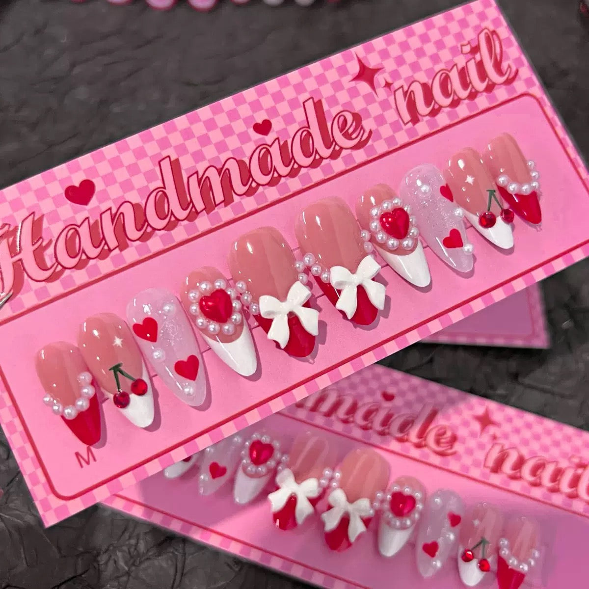 Valentine’s Day Sweet French Red-Edged Nail Tips with Rhinestone 3D Bow, Cherry, Pearl & Heart, Press-On Nails