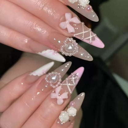 Valentine’s Day French White Sweet Nail Tips with Bow, Pearl, Heart, Rhinestone & Camellia, Press-On Nails