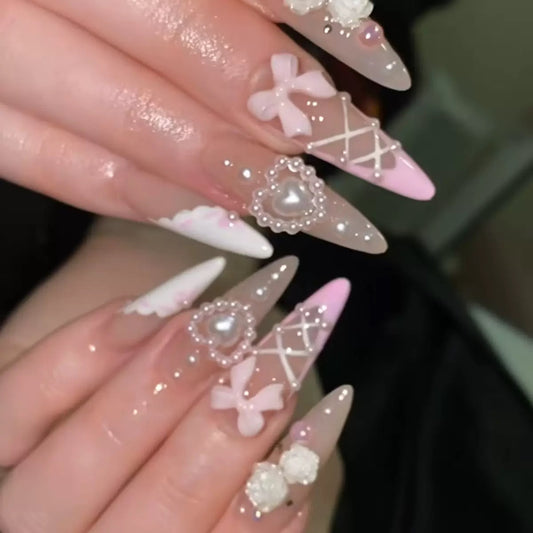 Valentine’s Day French White Sweet Nail Tips with Bow, Pearl, Heart, Rhinestone & Camellia, Press-On Nails