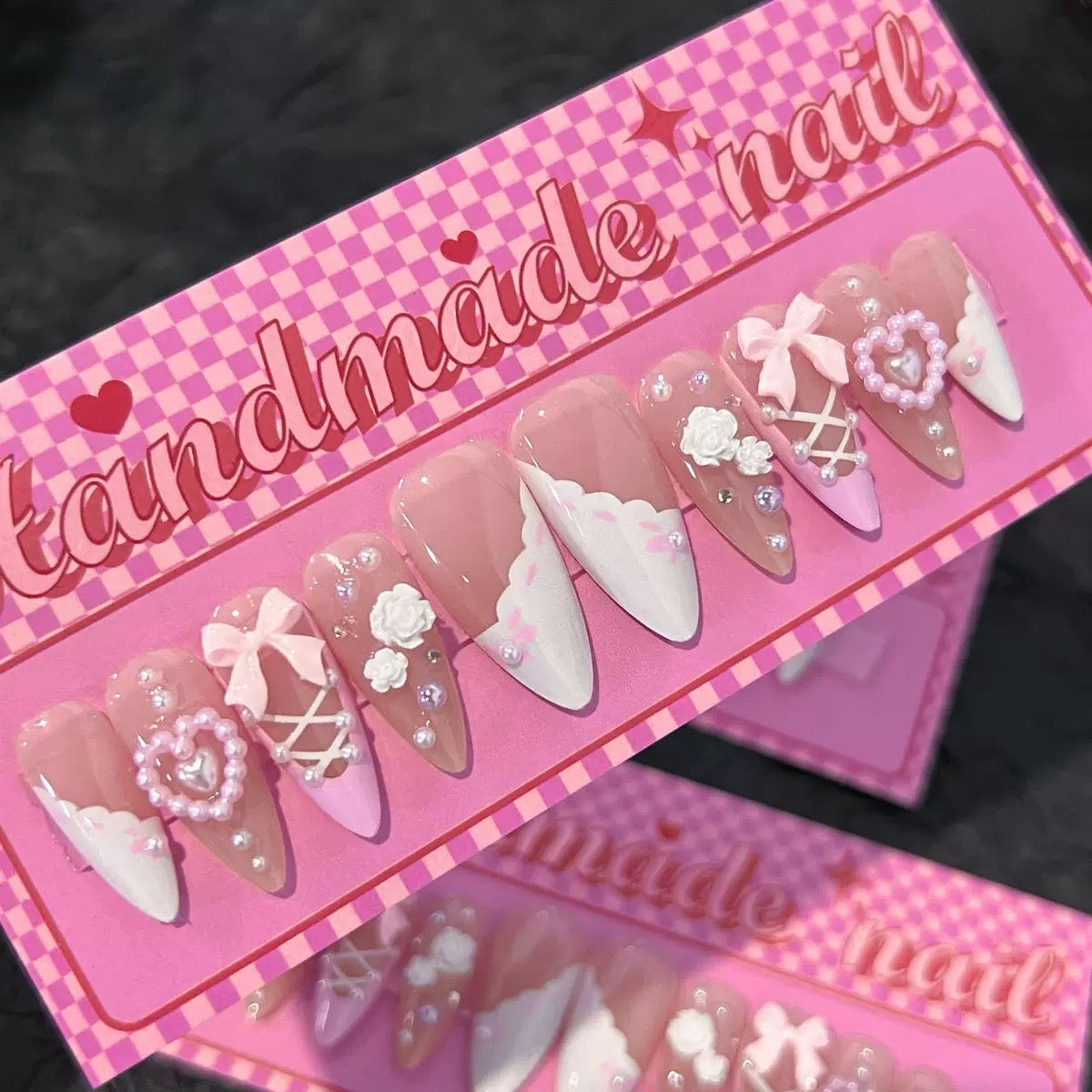 Valentine’s Day French White Sweet Nail Tips with Bow, Pearl, Heart, Rhinestone & Camellia, Press-On Nails