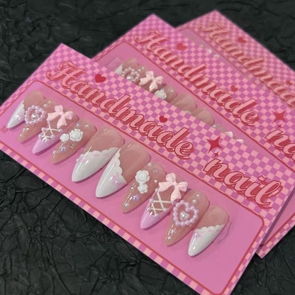 Valentine’s Day French White Sweet Nail Tips with Bow, Pearl, Heart, Rhinestone & Camellia, Press-On Nails