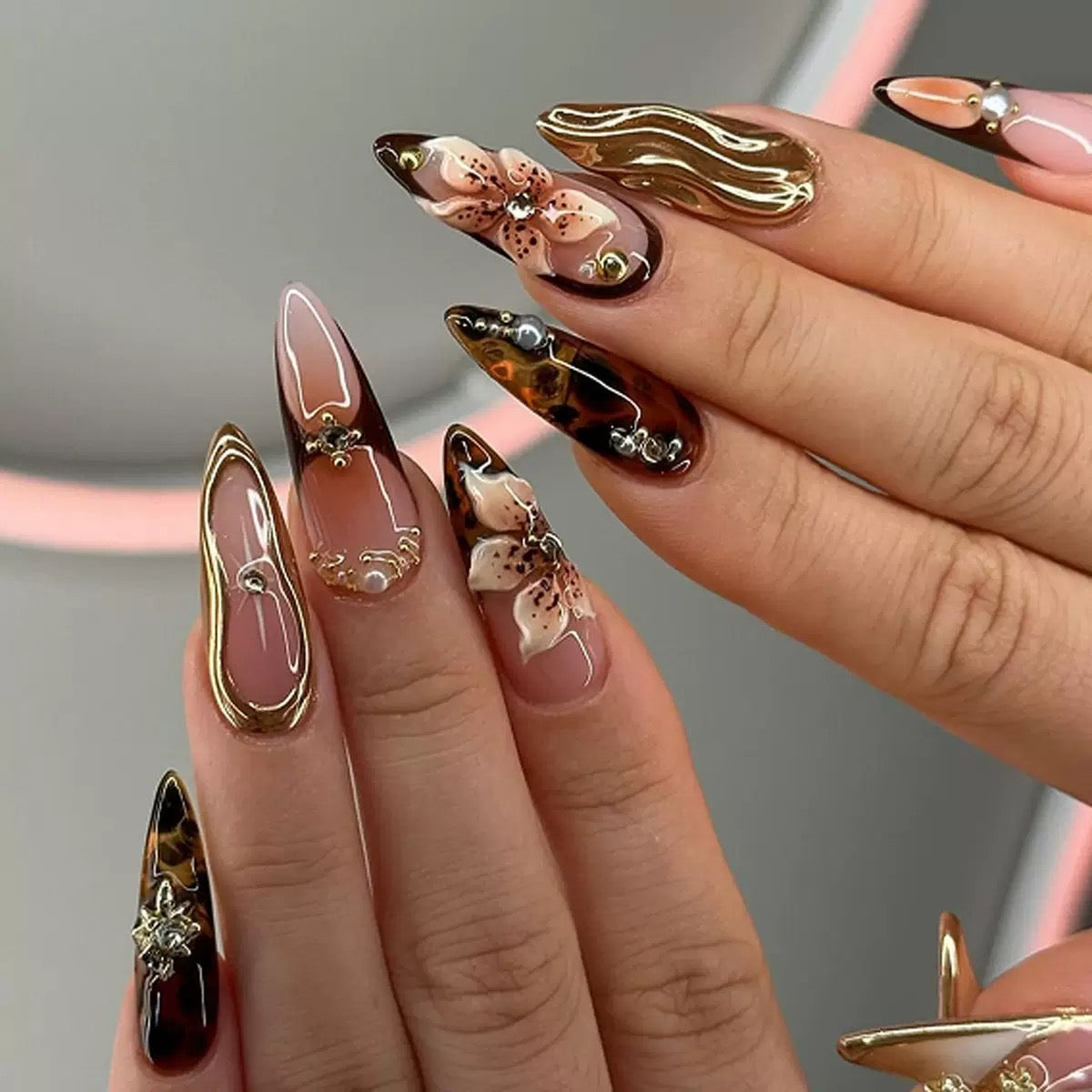 Premium Chic Girly Embossed Gold Foil Press-On Nails