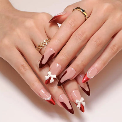 Valentine’s Day French Red High-End Nail Tips with 3D Bow and Pearl, Press-On Nails