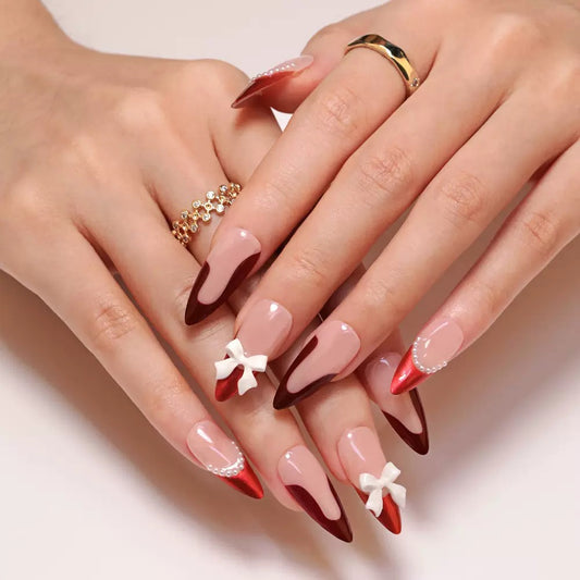 Valentine’s Day French Red High-End Nail Tips with 3D Bow and Pearl, Press-On Nails