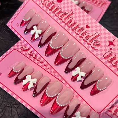 Valentine’s Day French Red High-End Nail Tips with 3D Bow and Pearl, Press-On Nails