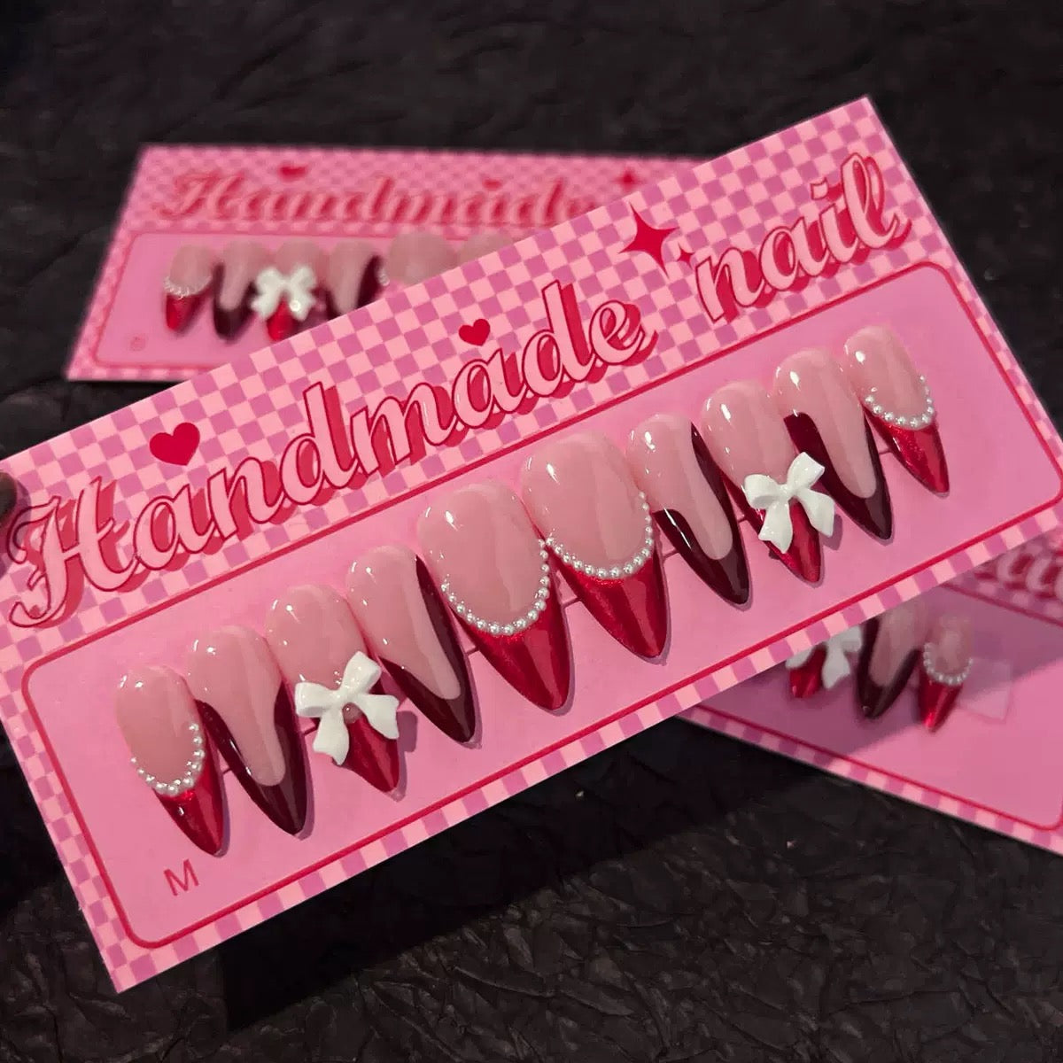 Valentine’s Day French Red High-End Nail Tips with 3D Bow and Pearl, Press-On Nails