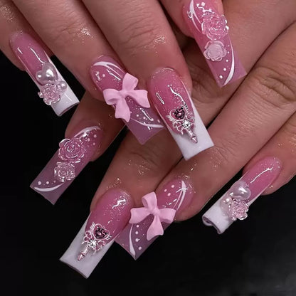 Valentine’s Day White French Nail Tips with 3D Bow and Fairy Wand, Press-On Nails