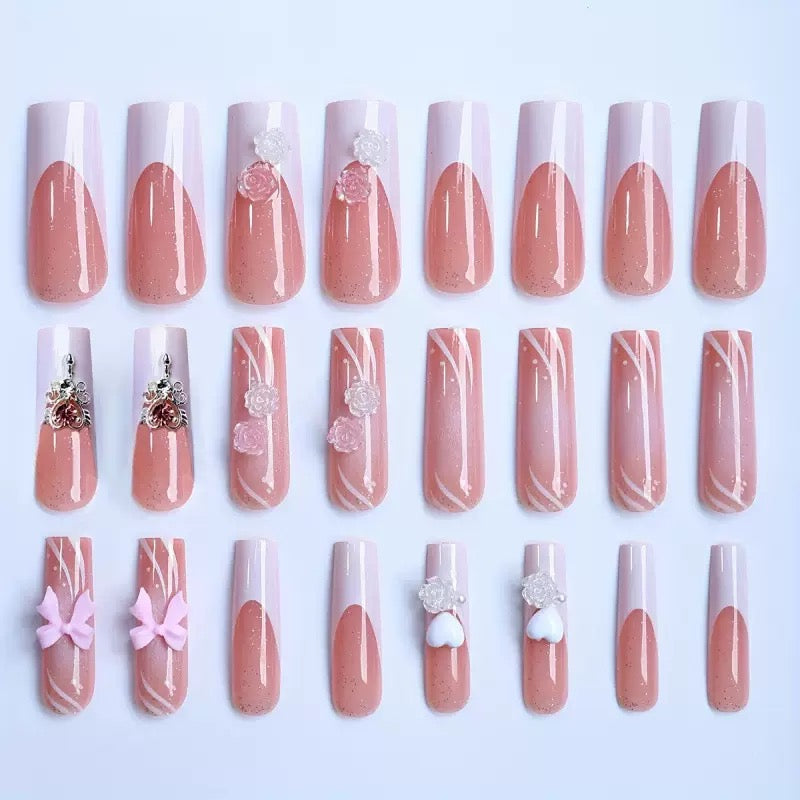 Valentine’s Day White French Nail Tips with 3D Bow and Fairy Wand, Press-On Nails