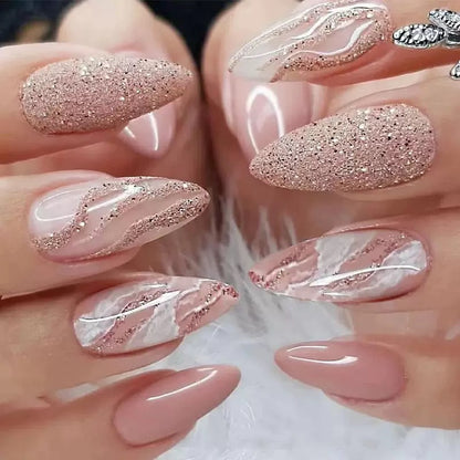 Soft Nude Pink Glitter Sparkling Almond Press-On Nails