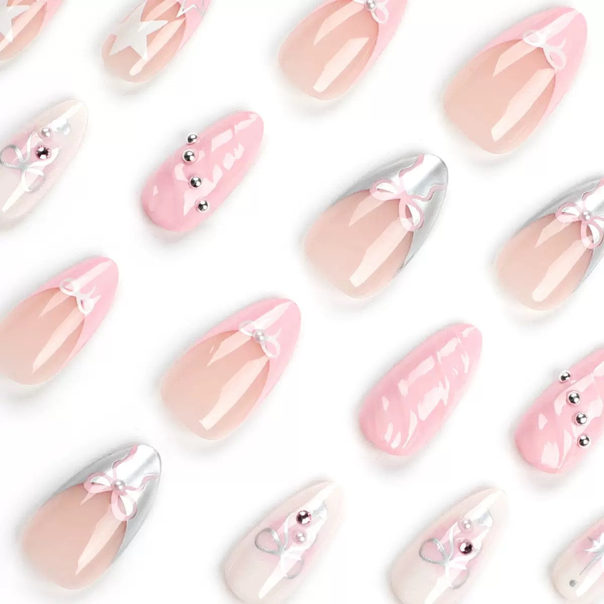 Valentine’s Day French 3D Pink Bow Almond Nail Tips, Press-On Nails