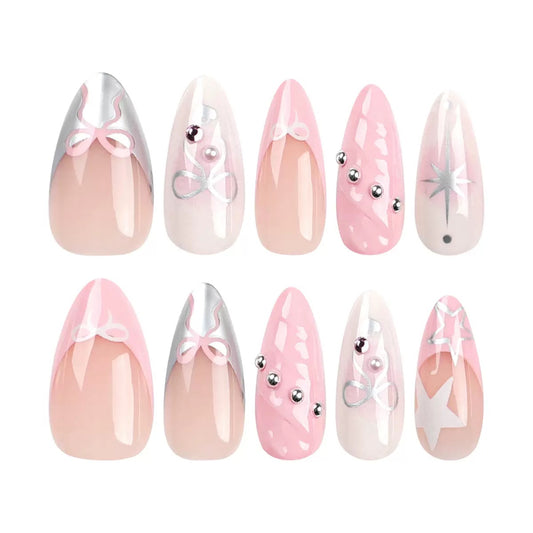 Valentine’s Day French 3D Pink Bow Almond Nail Tips, Press-On Nails