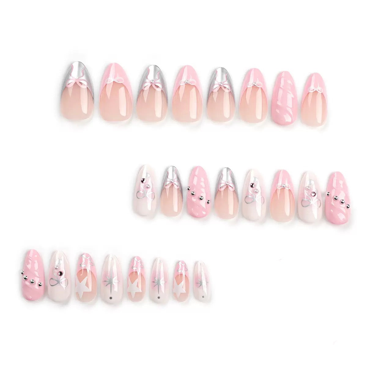 Valentine’s Day French 3D Pink Bow Almond Nail Tips, Press-On Nails