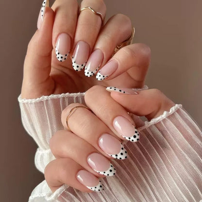 Minimalist French Black Polka Dot Almond Press-On Nails