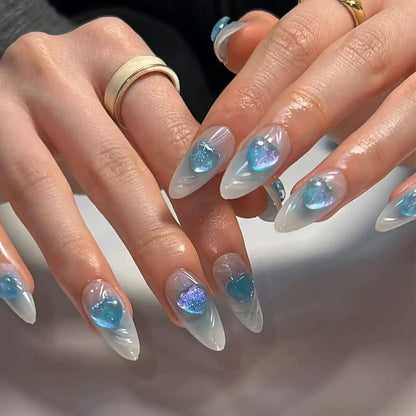 Valentine’s Day New 3D Blue Heart Gradient Almond Nail Tips, Press-On Nails
