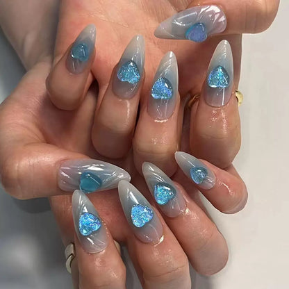 Valentine’s Day New 3D Blue Heart Gradient Almond Nail Tips, Press-On Nails