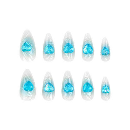 Valentine’s Day New 3D Blue Heart Gradient Almond Nail Tips, Press-On Nails