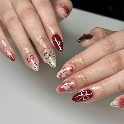 Valentine’s Day Sweet Style Bow Nail Tips with Star Blush, Press-On Nails