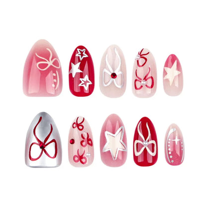 Valentine’s Day Sweet Style Bow Nail Tips with Star Blush, Press-On Nails