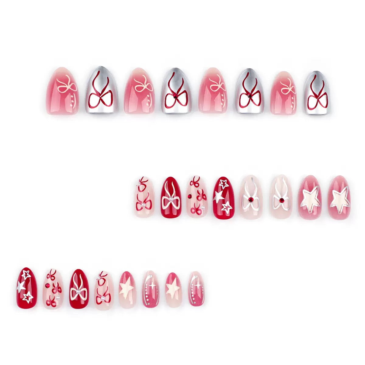 Valentine’s Day Sweet Style Bow Nail Tips with Star Blush, Press-On Nails