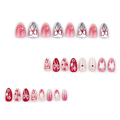 Valentine’s Day Sweet Style Bow Nail Tips with Star Blush, Press-On Nails