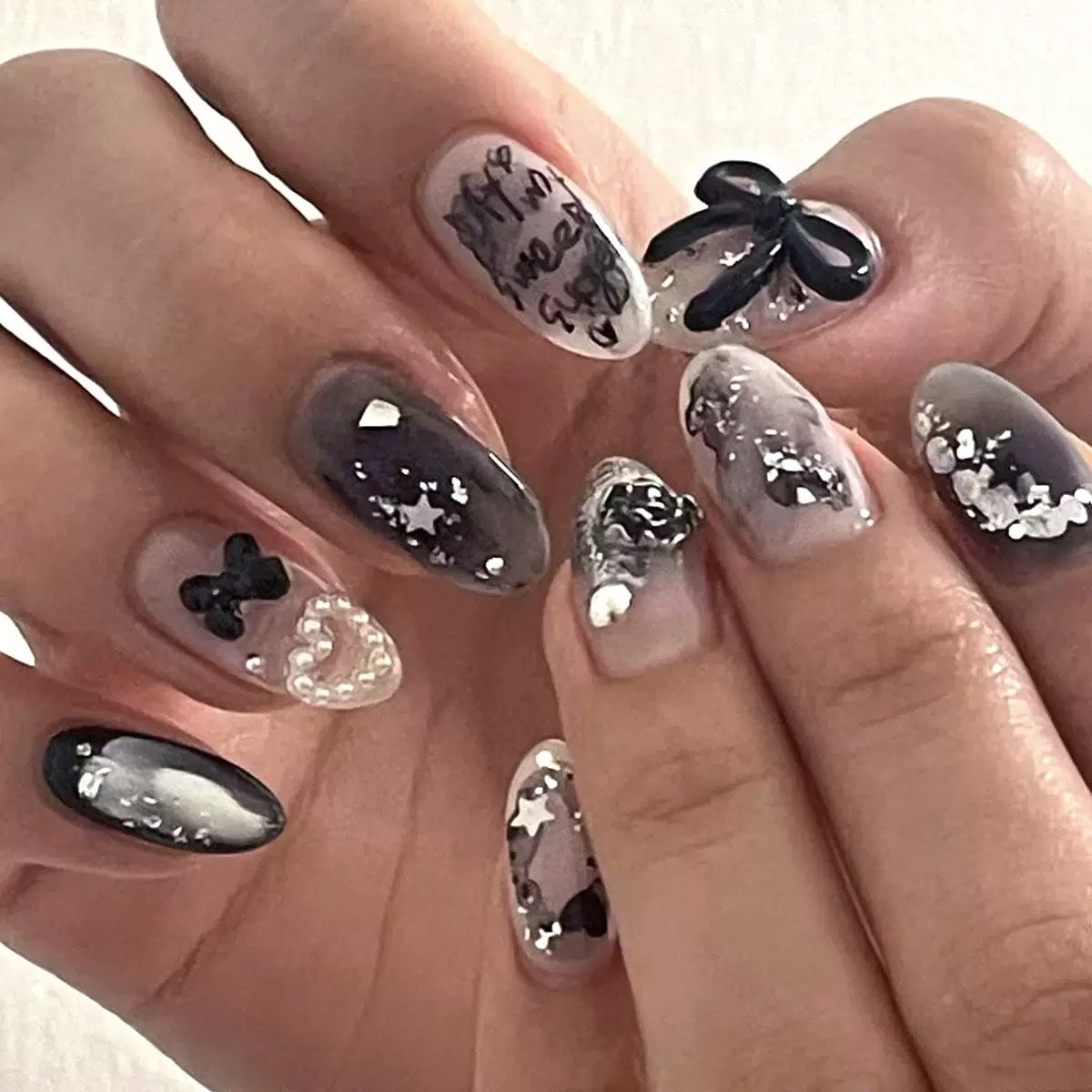 Black 3D Bow Pearl Heart Star Gradient Letter Almond Press-On Nails