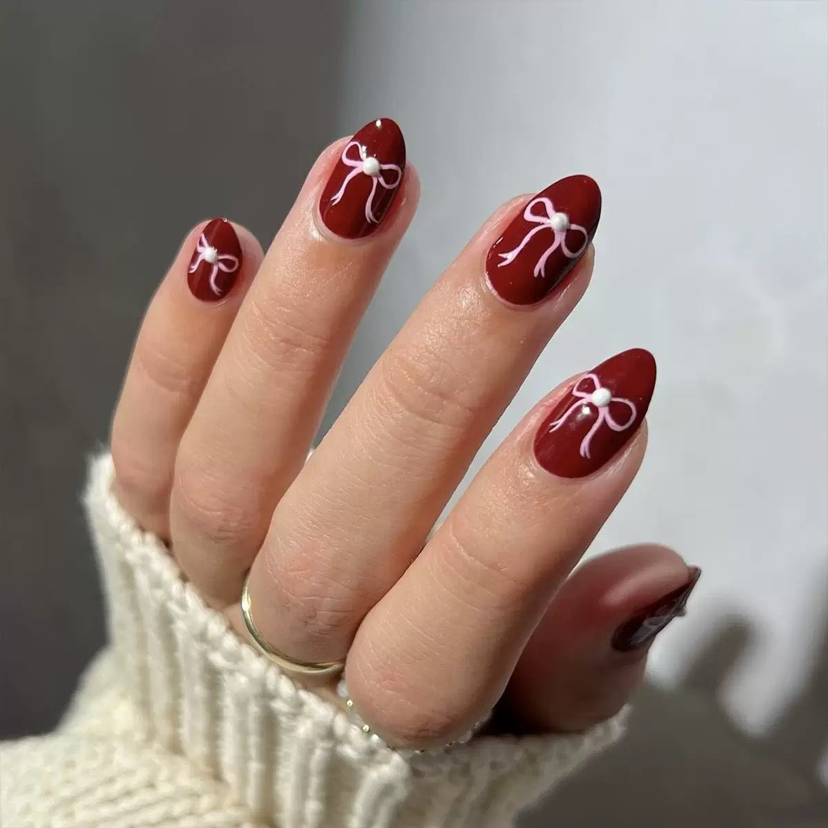 Valentine’s Day Red Nail Tips with Pink Bow, Minimalist Press-On Nails