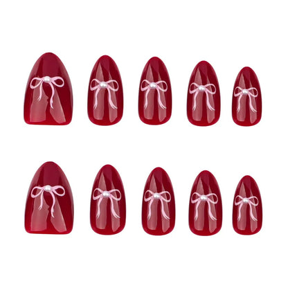 Valentine’s Day Red Nail Tips with Pink Bow, Minimalist Press-On Nails