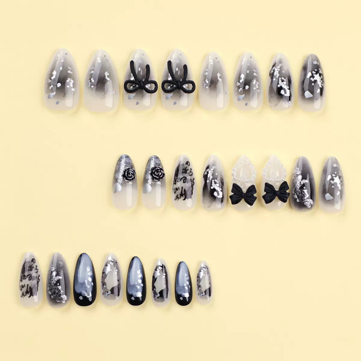 Black 3D Bow Pearl Heart Star Gradient Letter Almond Press-On Nails