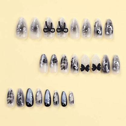 Black 3D Bow Pearl Heart Star Gradient Letter Almond Press-On Nails
