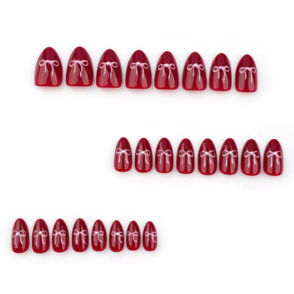 Valentine’s Day Red Nail Tips with Pink Bow, Minimalist Press-On Nails