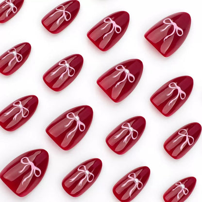 Valentine’s Day Red Nail Tips with Pink Bow, Minimalist Press-On Nails