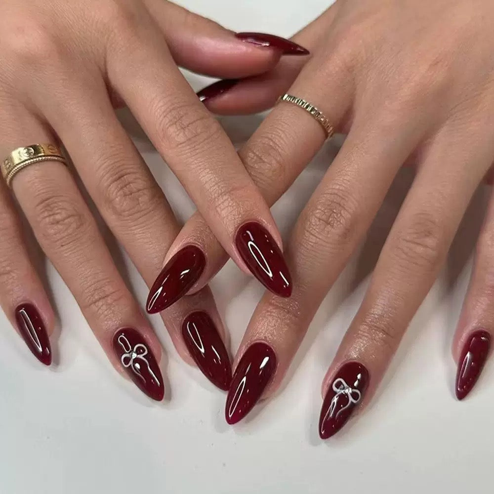 Valentine’s Day Elegant Wine Red Brightening Nail Tips with Silver Butterfly Pattern, Delicate Press-On Nails