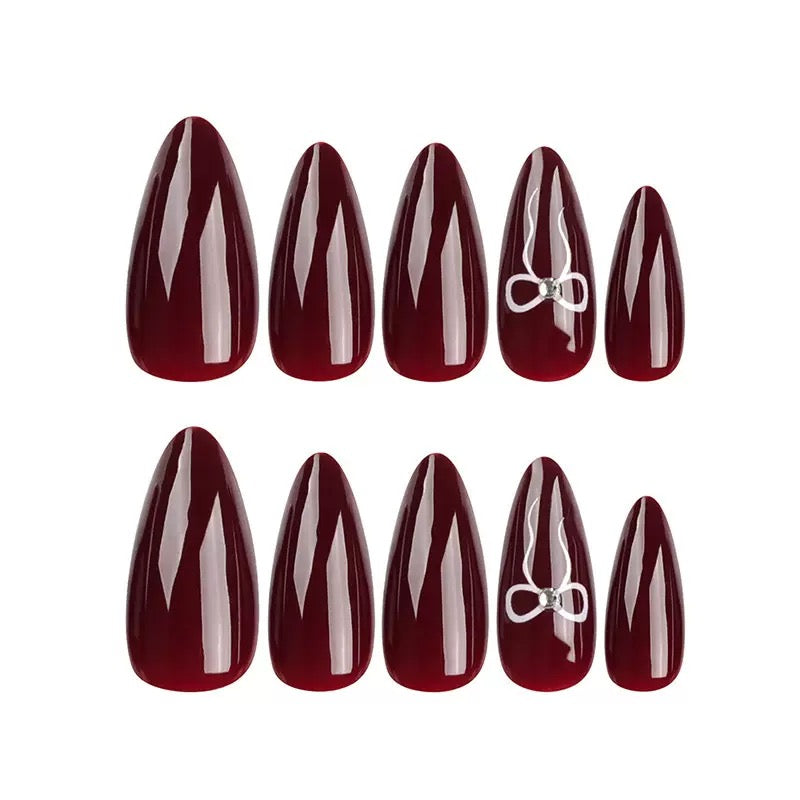 Valentine’s Day Elegant Wine Red Brightening Nail Tips with Silver Butterfly Pattern, Delicate Press-On Nails