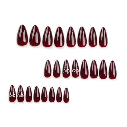 Valentine’s Day Elegant Wine Red Brightening Nail Tips with Silver Butterfly Pattern, Delicate Press-On Nails