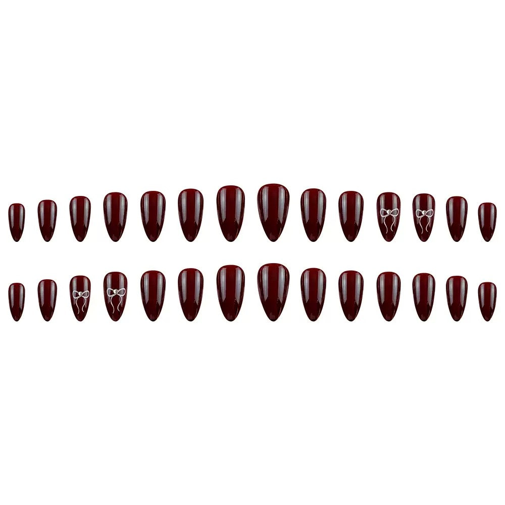 Valentine’s Day Elegant Wine Red Brightening Nail Tips with Silver Butterfly Pattern, Delicate Press-On Nails