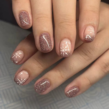 Christmas Short Square Press-On Nails with Snowflake & Starburst Champagne Glitter