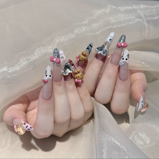 Dopamine Kitty Cat Zebra Print French Long Stiletto Handmade Press-On Nails