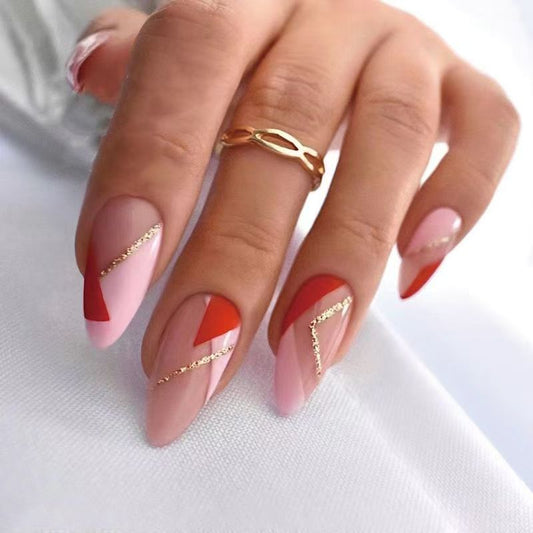 Gold-Trimmed Pink Color-Block Ready-Made Press-On Nails