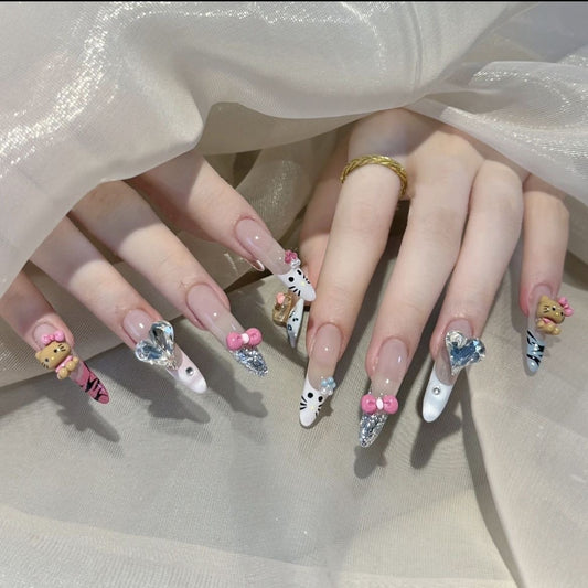 Dopamine Kitty Cat Zebra Print French Long Stiletto Handmade Press-On Nails