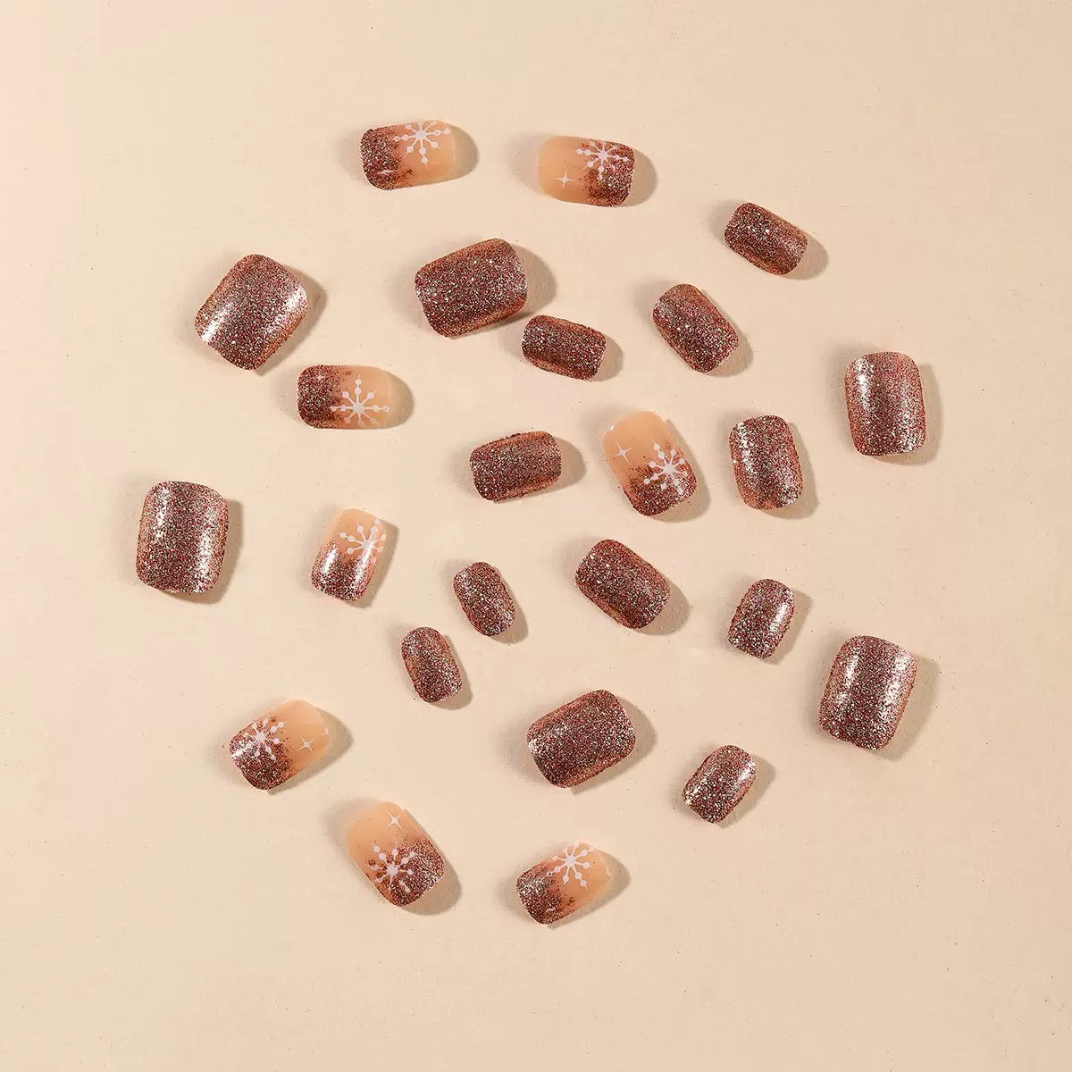 Christmas Short Square Press-On Nails with Snowflake & Starburst Champagne Glitter
